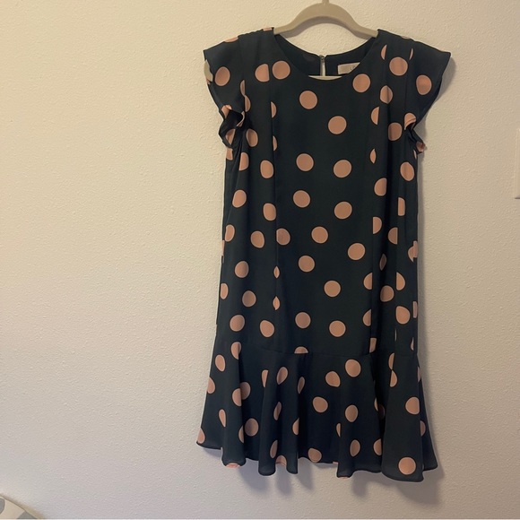 LOFT Navy + Blue Polka Dot Flounce Dress - Picture 1 of 6